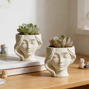 Vue détaillée de pots de fleurs visage humain avec succulentes pour une décoration intérieure.