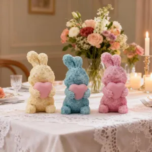 Rosenhase Kerzenform Detailansicht mit niedlicher Tierform für DIY Valentinstag Seife herstellen.