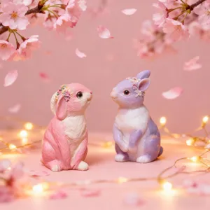Simpatiche statuette di coniglietti pasquali con corone di fiori e sfondo di ciliegio.