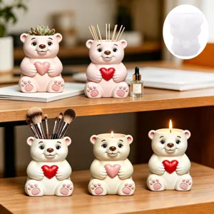 3D Bear Holding Heart Silicone Mold For Resin Gypsum Flowerpot Candle Cup Making Cartoon Desk Decoration Casting Mold