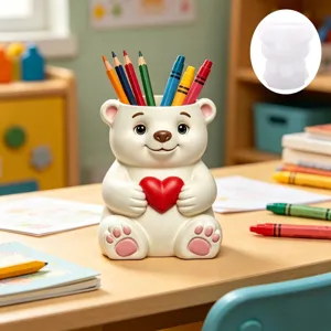 3D cute bear holding heart silicone mold for DIY concrete flower pots, resin crafts and pen holders.
