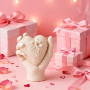 Gedetailleerd uitzicht op het hart in hand sculptuur ornament voor romantische Valentijnsdecoratie.