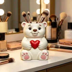 Cute bear makeup brush holder detail view, resin cosmetic organizer for vanity decor.