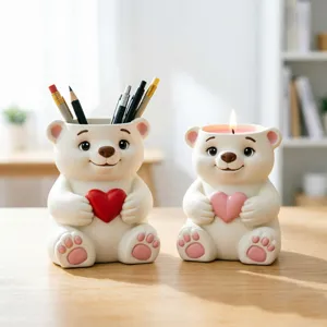 Cute white bear pen holder and scented candle cup resin craft set for home desktop decor.