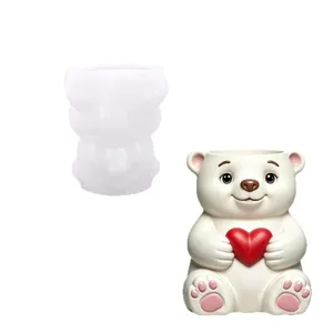 3D cute bear holding heart silicone mold and finished resin plaster pot for home decor