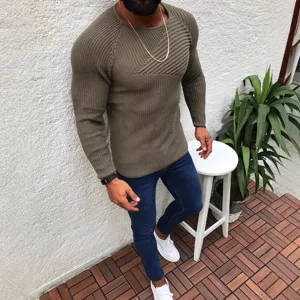 Herren schmal geschnittener Pullover Langarm Rundhals Feinstrick Herbst Winter olivgrün