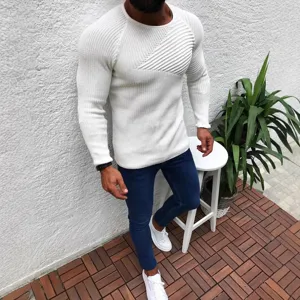 Herren Slim Fit Langarm Rundhals Strickpullover fuer Herbst Winter casual weiss Basic Top.