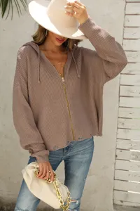 Women casual hooded distressed knit cardigan sweater with zipper for autumn and winter daily wear.