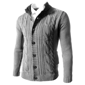 Gilet cardigan en tricot torsadé col montant homme casual manches longues gris clair