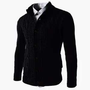 Cardigan en tricot col montant pour homme noir boutons motif torsade manches longues hiver