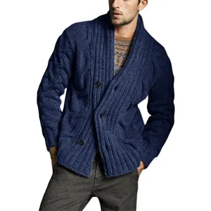 Men's solid color shawl collar cable knit cardigan sweater coat for autumn winter fashion.