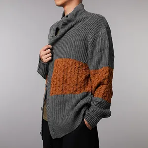 Men's colorblock knit cardigan sweater, long sleeve full-zip casual outerwear for autumn winter.