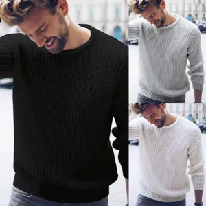 Men's Casual Solid Color Pullover Sweater Autumn Winter Long Sleeve Crew Neck Knitted Acrylic Top