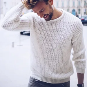 Men's white knit sweater autumn winter casual pullover solid color long sleeve stylish top.