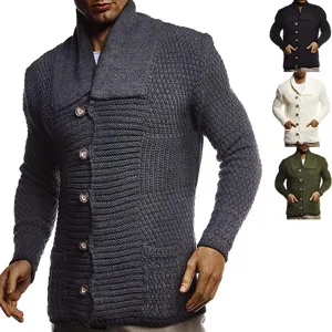Cardigan Tricoté Manches Longues Couleur Unie Homme Style Européen Col Rabattu Pull à Boutons