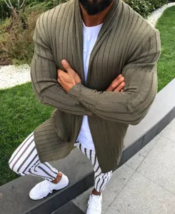 Men's ribbed knit cardigan detail showing fine texture, slim fit long sleeve design.