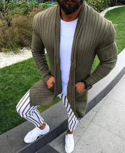 Men's casual ribbed knit cardigan, solid color long sleeve slim fit outwear for autumn.