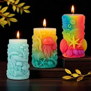 Ocean theme scented pillar candle with 3D embossed marine life designs, main product view.