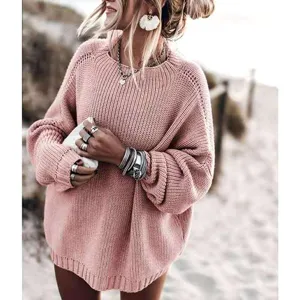 Femme pull rose oversize en tricot manches longues casual unicolore haut mode chic