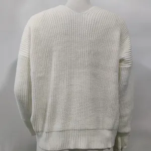 Detailed rear view showing the texture of a white women's V-neck ribbed knit sweater.