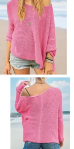 Rosa loser Strickpullover Detail, lässiger Strandurlaub Stil, langärmliges Oversize Oberteil.