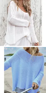 Damen Oversized V-Ausschnitt Strickpullover Langarm Lässiger Pulli für Urlaub und Alltag