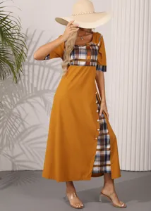 Detailansicht Damen Vintage Karo Patchwork Kurzarm Maxikleid mit Seitenschlitz Nahaufnahme.