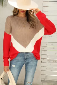 Color block knit sweater for women, casual long sleeve crewneck striped pullover top.