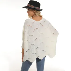 Women casual hollow-out batwing knit poncho sweater winter warm fashion outerwear top