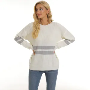 Women's casual striped knit sweater, long sleeve crewneck pullover for autumn winter fashion.