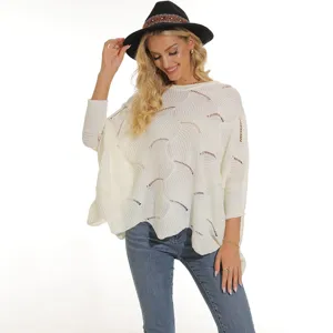 Women hollow batwing sleeve knitted sweater pullover top with chic casual style for autumn.