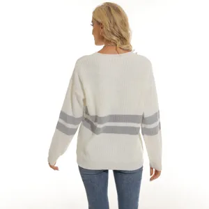 Women striped knit sweater casual long sleeve pullover top for autumn winter fashion.