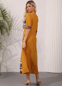 Vintage Patchwork Karo Kleid, Rundhalsausschnitt, Kurzarm, Taillierter A-Linie Maxirock.