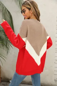 Detailed back view of women color block knit sweater with drop shoulder and stripe design.