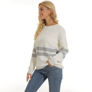 Detailed view of the stylish striped knit sweater featuring a classic crew neck and long sleeves.