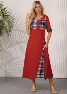 Vintage Karo Patchwork Kurzarm Taille A-Linie Maxikleid für Damen elegante Sommerkleidung.