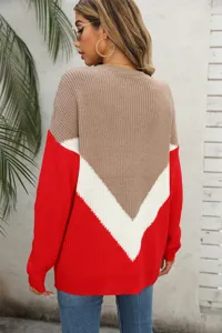 Details of the color block knit sweater showing chevron pattern and dropped shoulders.