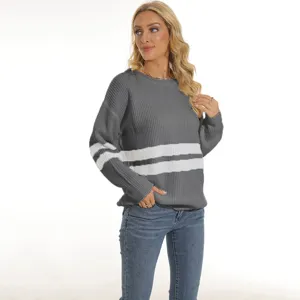 Detailed view of a stylish grey striped knit sweater for women, perfect for autumn and winter wear.