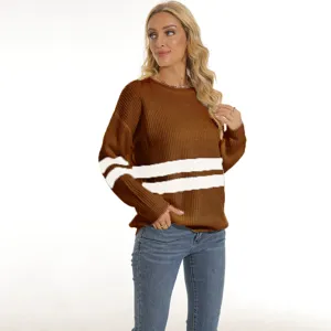 Women brown knit sweater with white stripes, casual long sleeve crewneck pullover for autumn winter.