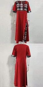 Vintage rotes kariertes Midikleid mit kurzen Ärmeln und schickem Knopf-Schlitz.