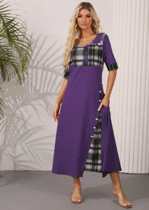 Vintage Karo-Colorblock Midikleid mit kurzen Ärmeln und dekorativen Seitenknöpfen