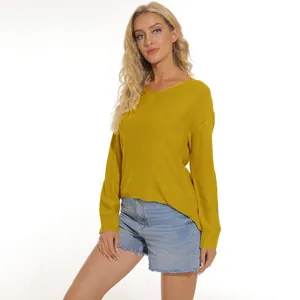 Women solid V-neck long sleeve knit sweater casual autumn winter daily pullover top apparel