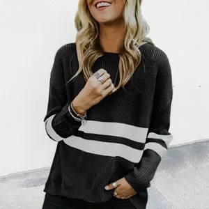 Women casual long sleeve knit sweater with contrast stripe design for autumn and winter fashion.