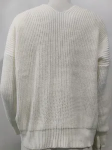 Women's white V-neck long sleeve knitted sweater, cozy casual winter pullover main view.