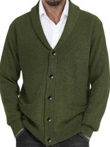 Cardigan Suéter de Acrílico Casual para Hombre Solapa Manga Larga Invierno Color Sólido Prendas de Punto Ropa Exterior con Bolsillos