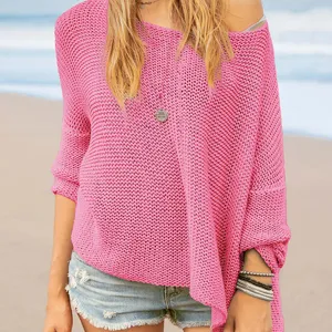 Damen rosa loser weicher Strickpullover Langarm Oversize Pullover Oberteil für Freizeit.