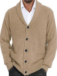 Cárdigan de punto para hombre cuello chal manga larga bolsillos suéter de invierno