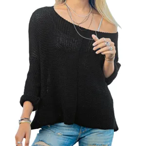 Damen schwarzer loser Strickpullover lässiges Langarm Oberteil Hauptansicht top chic