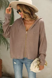 Women hooded distressed knit cardigan zip up sweater casual autumn winter outerwear apparel