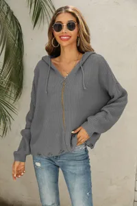 Women's hooded distressed knit cardigan, perfect for autumn winter casual daily wear.